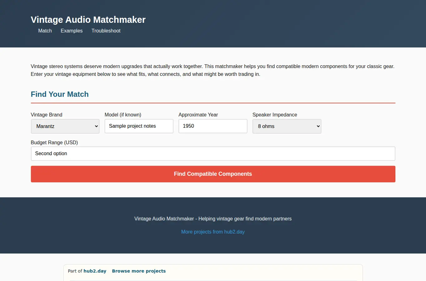 Screenshot of Vintage Audio Matchmaker interface showing the project page in use